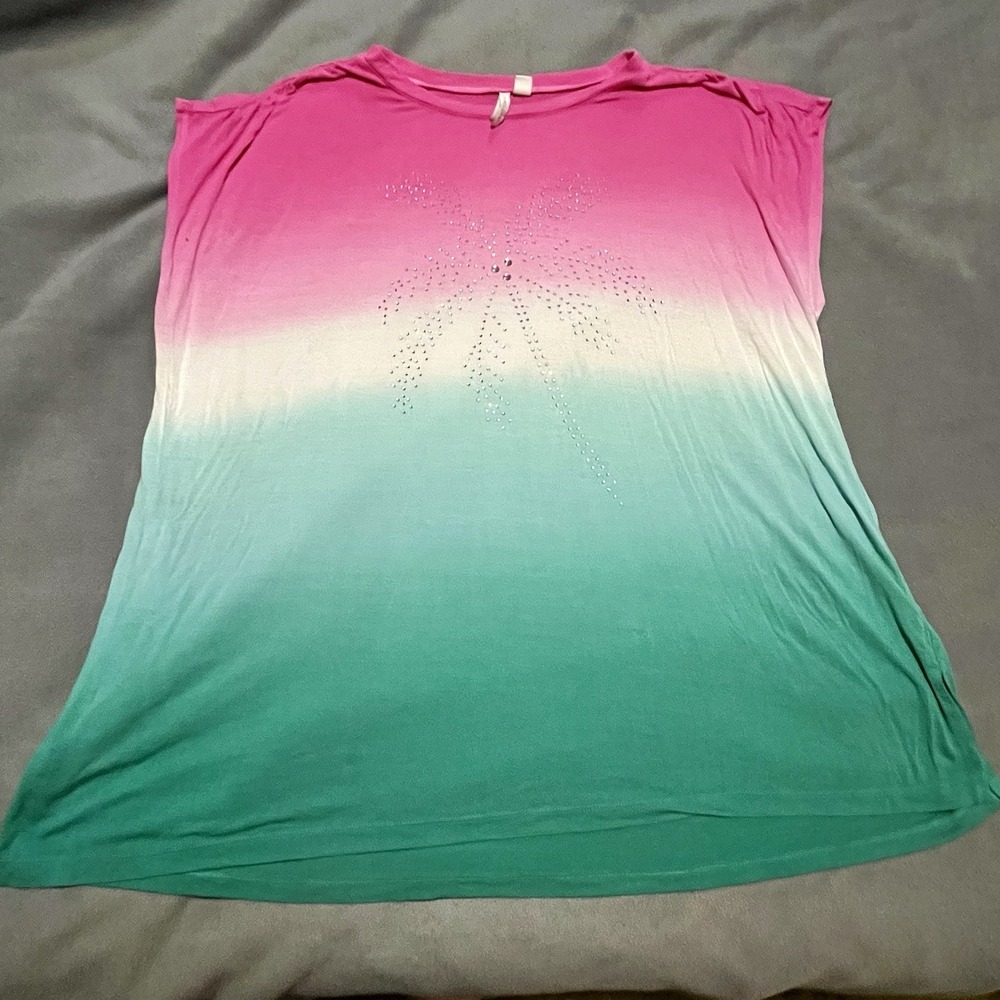 Live Well Women's Plus (18w/20w) Pink/Green Bling Palm Tree‎ Short Sleeve Tshirt